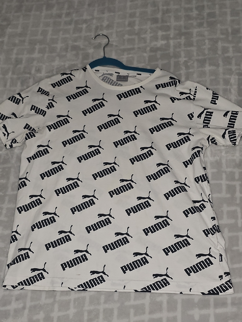 Puma White Short Sleeve Tee with Allover Black Logo Print
